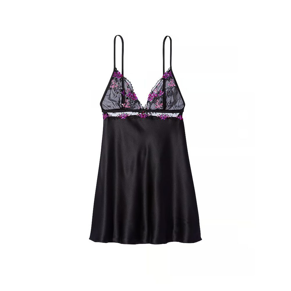 Victoria's Women's Secret Floral Embroidery Black Satin Slip Size Small NWT $100